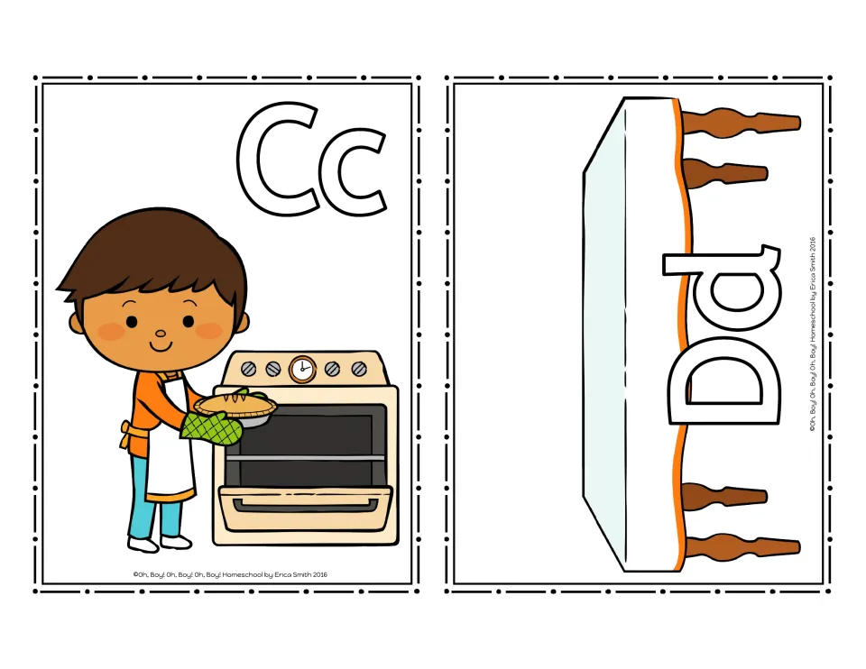 Letter-sound sorting cards Cc and Dd: an oven card for C and a table card for D to match with picture cards