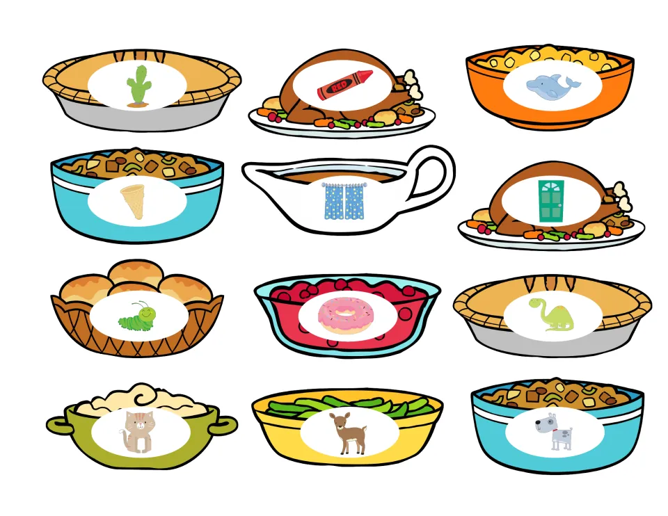Twelve food-shaped picture cards for matching to C and D, including cactus, crayon, dolphin and door