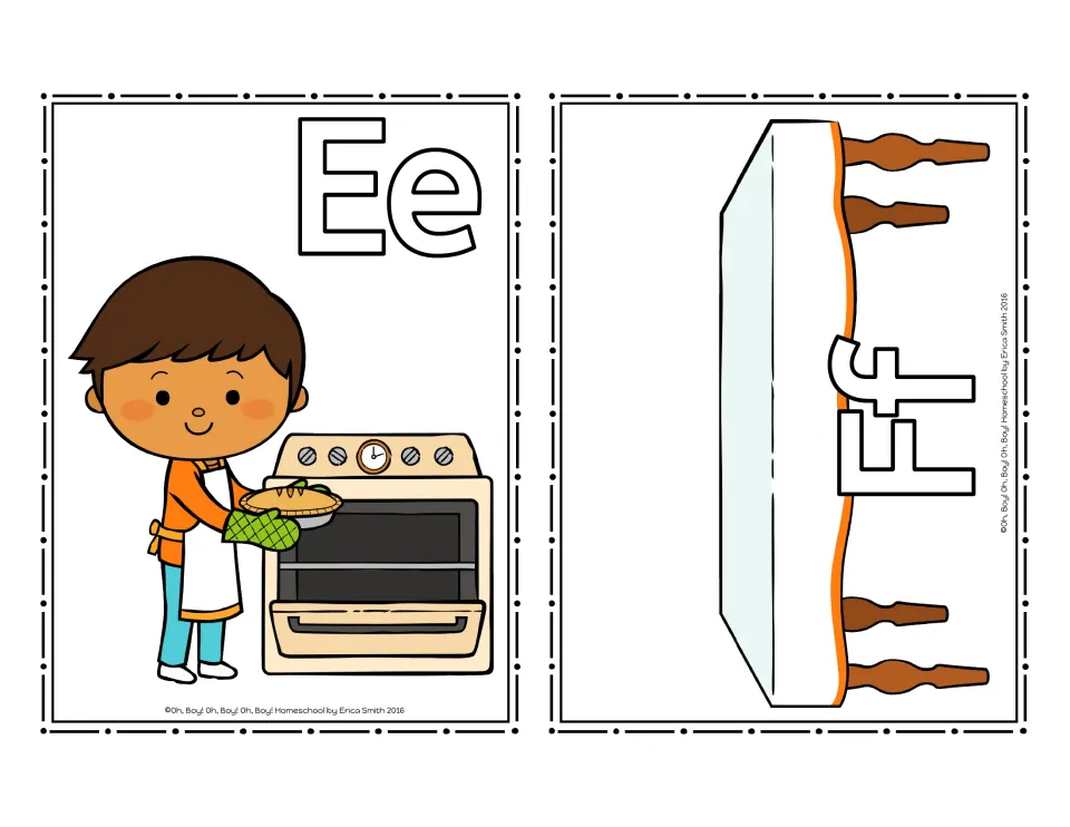 Letter-sound sorting cards Ee and Ff: an oven card for E and a table card for F to match with picture cards