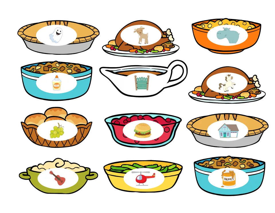 Twelve food-shaped picture cards for matching to G and H, including ghost, goat, hippo and helicopter