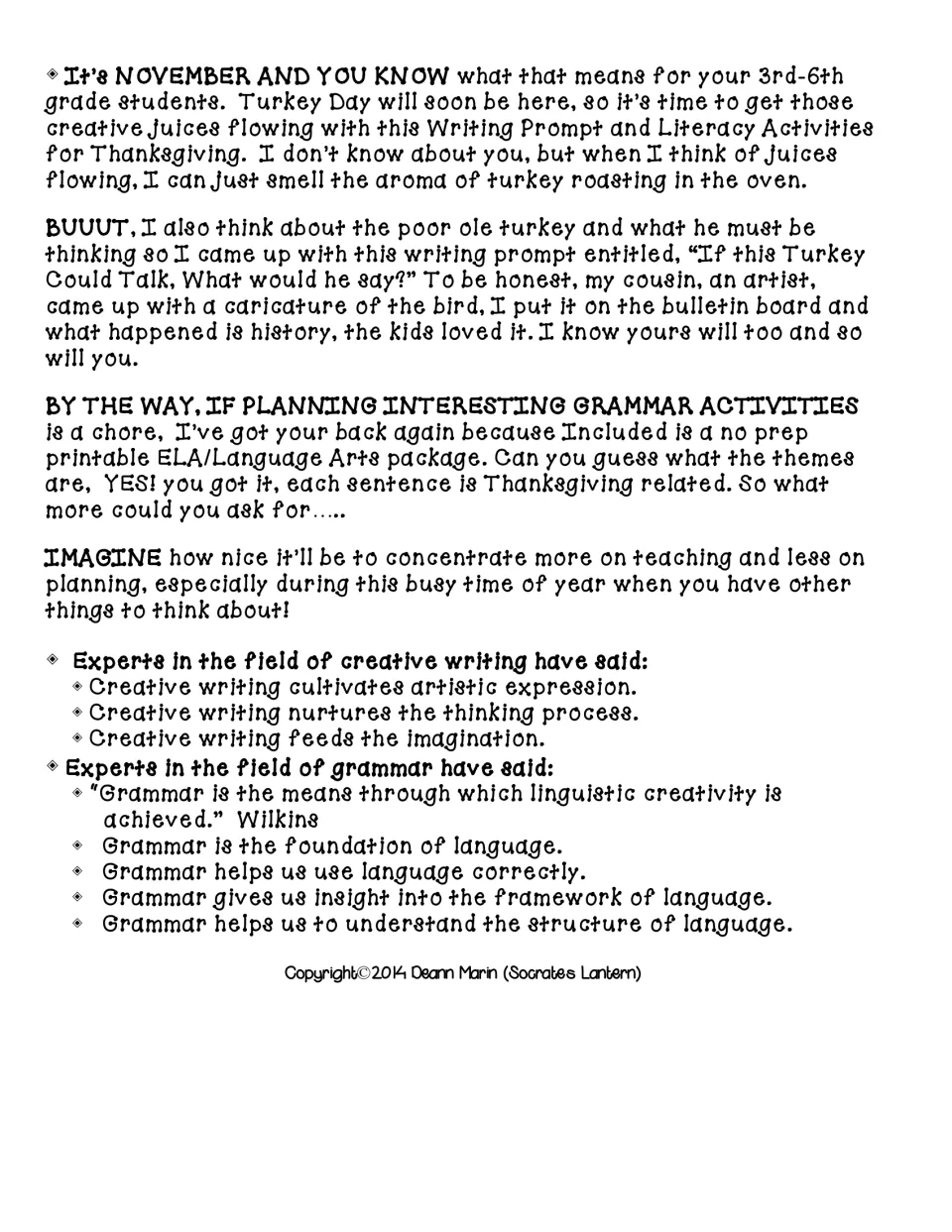 Author's introduction to the turkey writing prompt 'If this Turkey Could Talk' and Thanksgiving grammar sentences