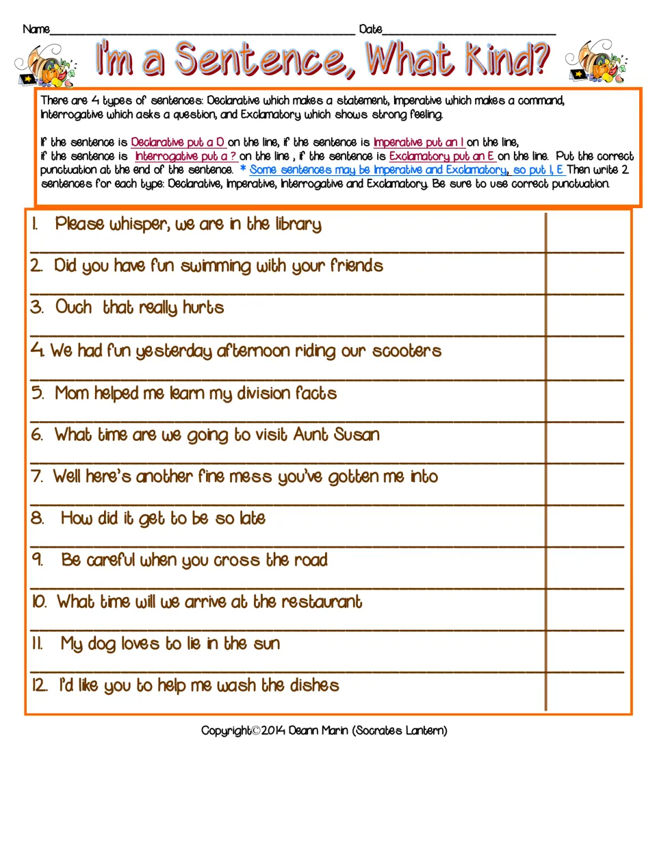 Sentence types, I'm a Sentence, What Kind?: students label items 1-12 D, I, ? or E and add end punctuation