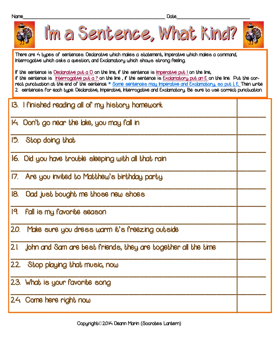 Sentence types continued: students classify items 13-24, such as 'Stop doing that', and add the end punctuation