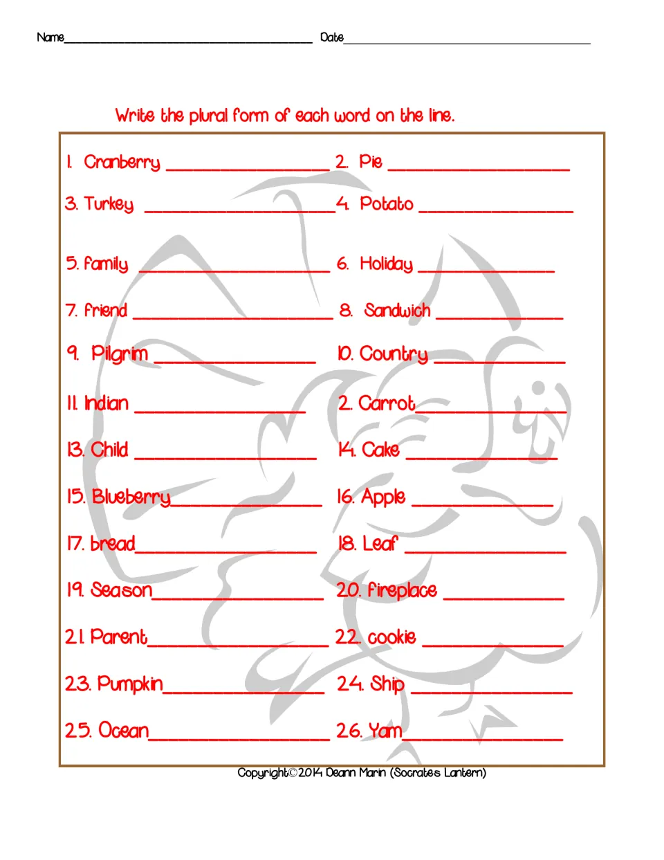 Plural nouns: students write the plural of 26 Thanksgiving words such as cranberry, turkey, potato, child, leaf and yam