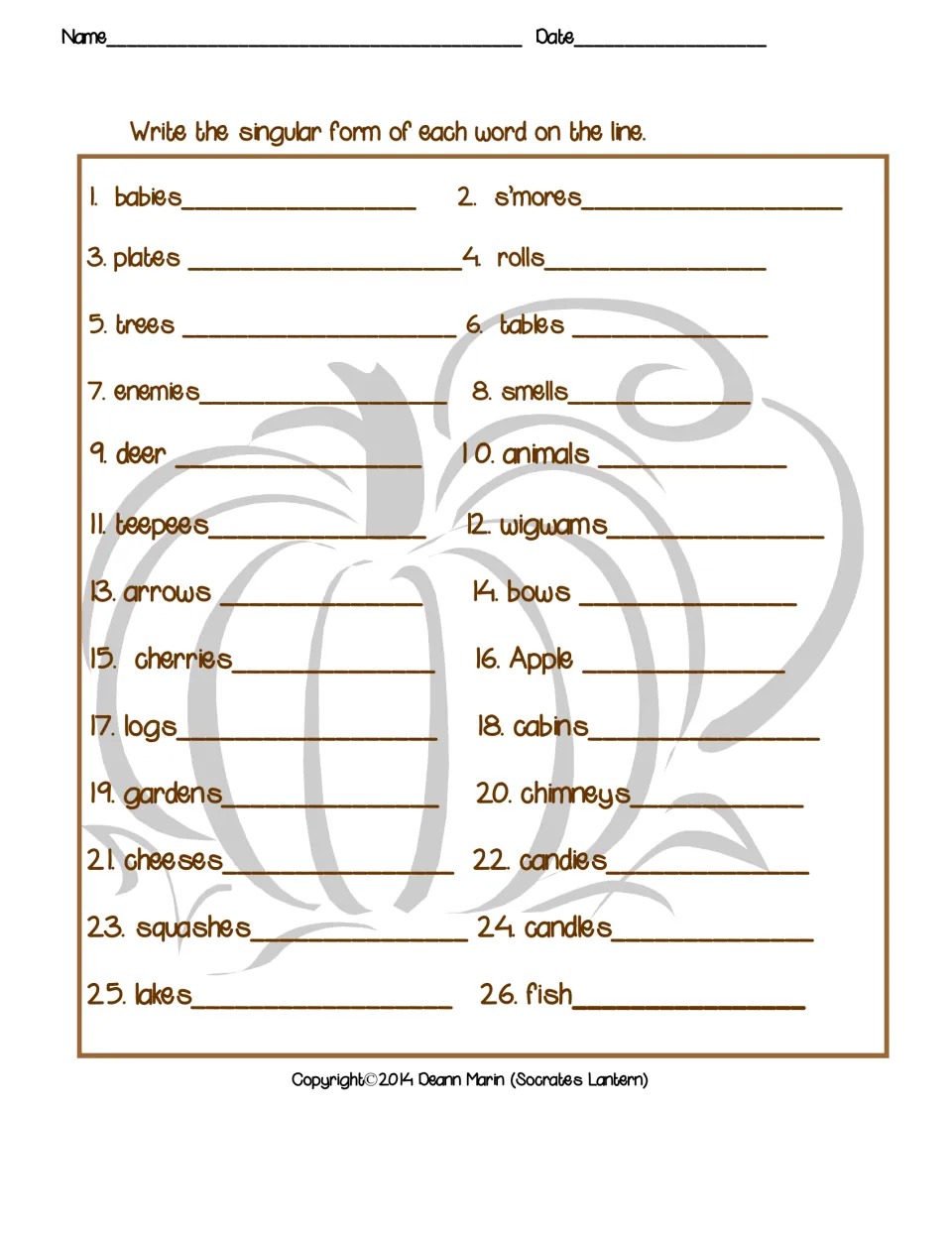 Singular nouns: students write the singular of 26 words like babies, enemies, deer, wigwams, cherries, squashes and fish