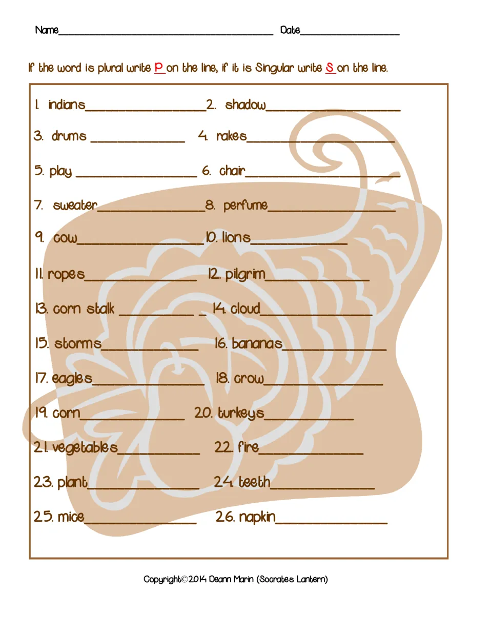 Singular or plural sort: students mark each of 26 words, like drums, chair, teeth, mice and napkin, with P or S