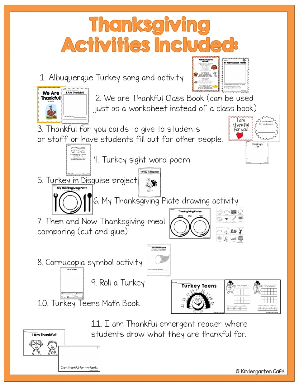 Contents list of 11 Thanksgiving activities, from the Albuquerque Turkey song and thankful cards to Roll a Turkey