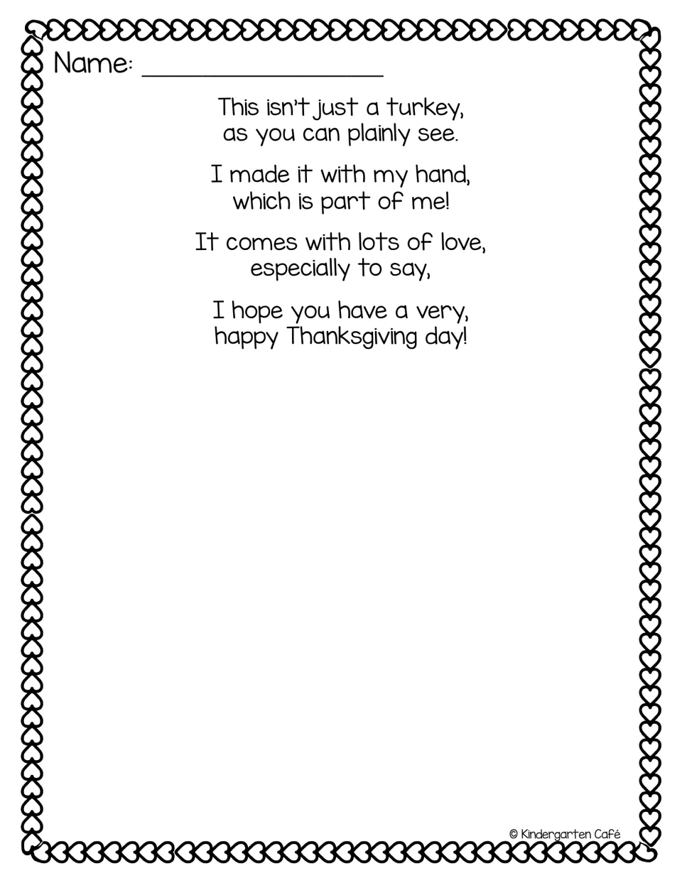 Complete turkey handprint poem, "This isn't just a turkey," with no blanks and open space below for a hand turkey