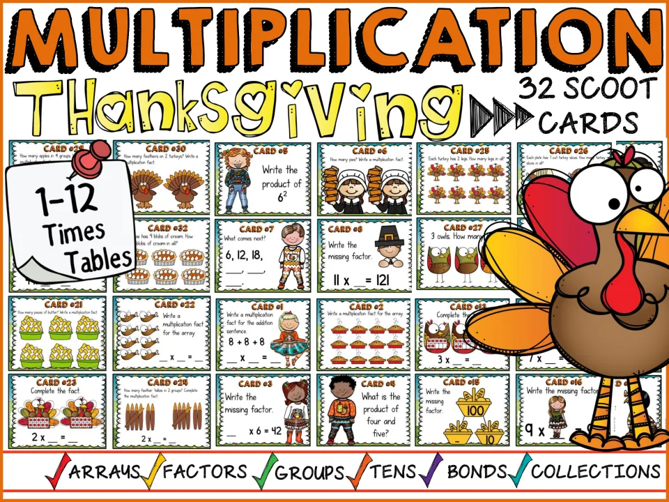 Cover of the 32-card multiplication scoot set for 1–12 times tables, showing sample Thanksgiving task cards