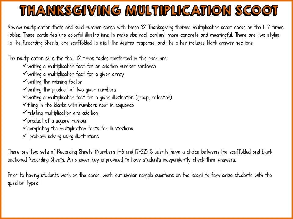 Resource overview lists multiplication skills, 32 task cards, two recording sheet styles, and an answer key