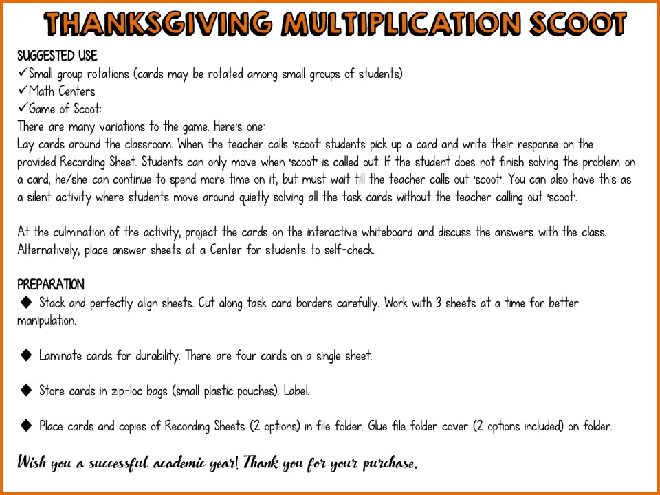 Teacher directions explain small group rotations, math centers, scoot rules, and preparing the task cards