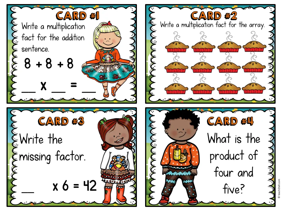 Multiplication cards 1–4: 8 + 8 + 8, a 3-by-4 pie array, a missing factor in __ × 6 = 42, and four times five