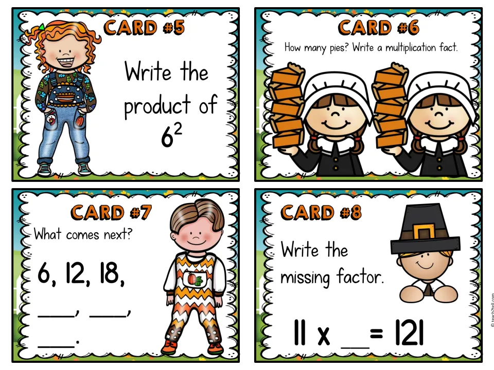 Multiplication cards 5–8: 6 squared, two groups of five pies, the sequence 6, 12, 18, and 11 × __ = 121