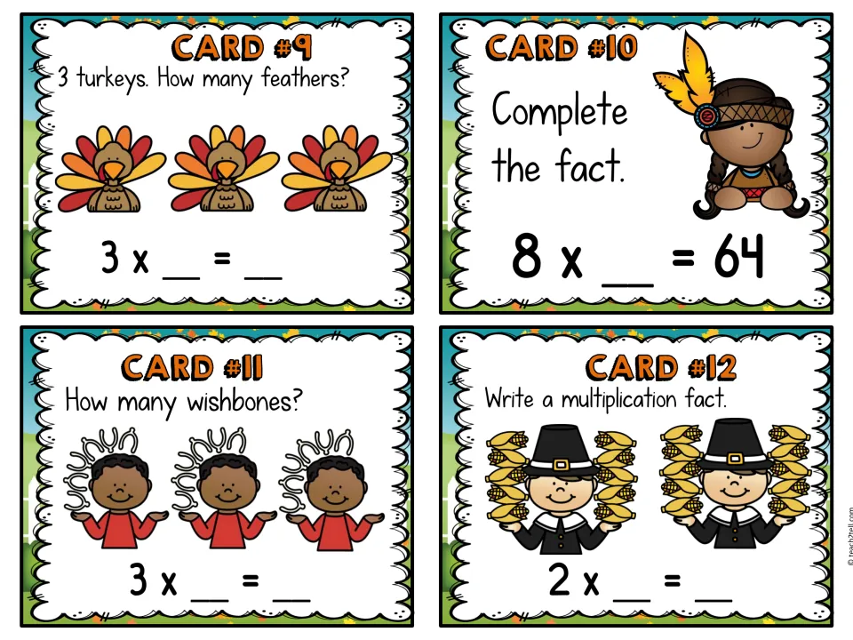 Multiplication cards 9–12: count turkey feathers, solve 8 × __ = 64, and write facts for wishbones and corn