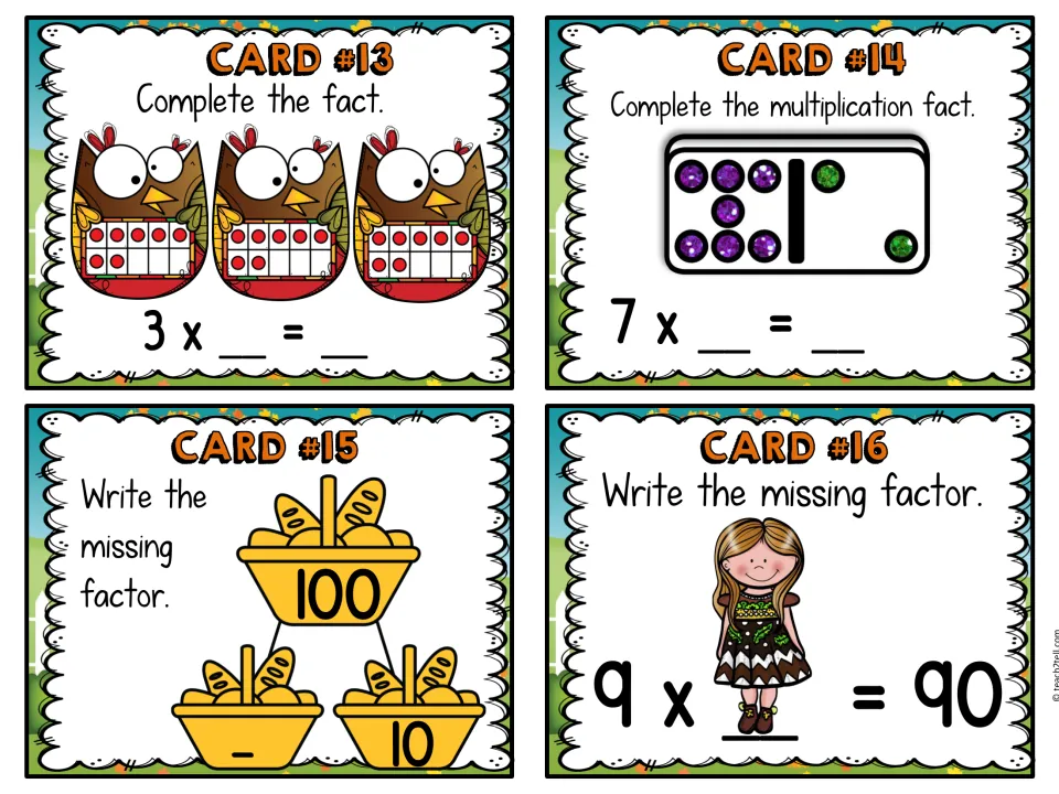 Multiplication cards 13–16: three groups of seven dots, a 7-and-2 domino, factors of 100, and 9 × __ = 90