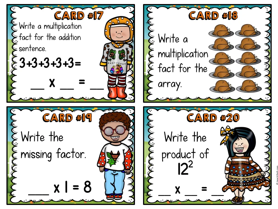 Multiplication cards 17–20: 3 + 3 + 3 + 3 + 3, a 5-by-2 turkey array, __ × 1 = 8, and the product of 12 squared