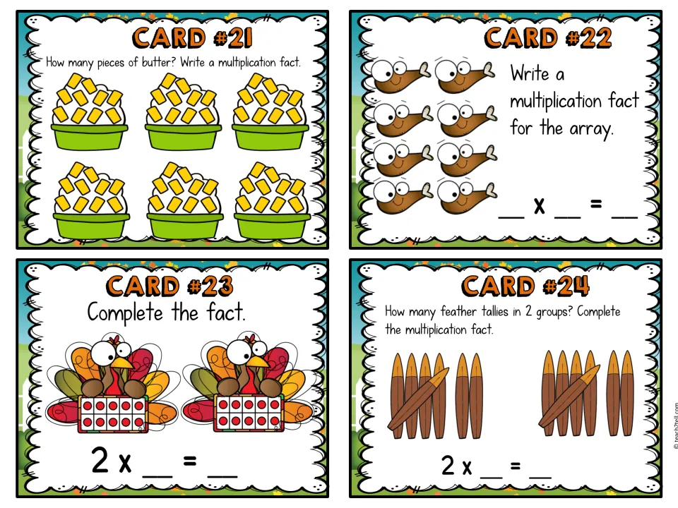Multiplication cards 21–24: butter pieces in six bowls, a drumstick array, turkey dot models, and feather tallies