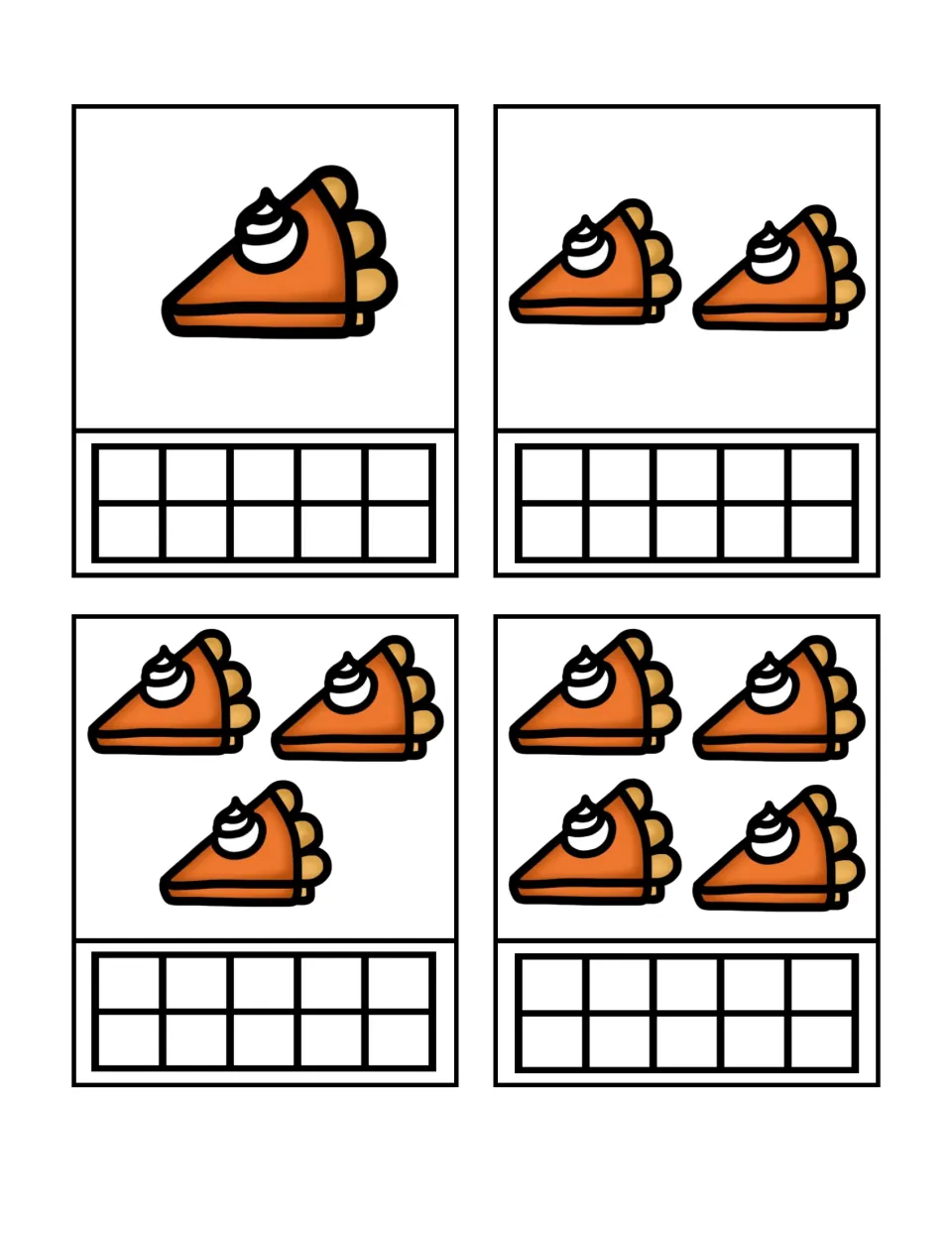Count-and-build cards showing 1, 2, 3, and 4 pumpkin pie slices, each paired with an empty ten frame.