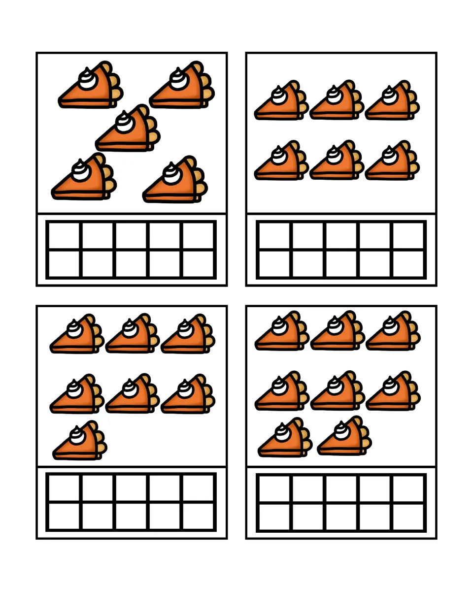 Count-and-build cards showing 5, 6, 7, and 8 pumpkin pie slices, each paired with an empty ten frame.