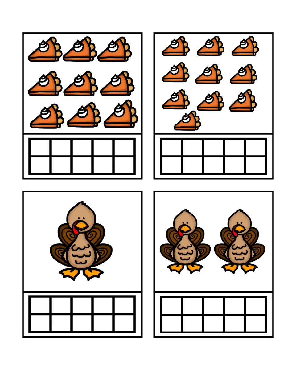 Count-and-build cards showing 9 and 10 pie slices, then 1 and 2 turkeys, each with an empty ten frame.