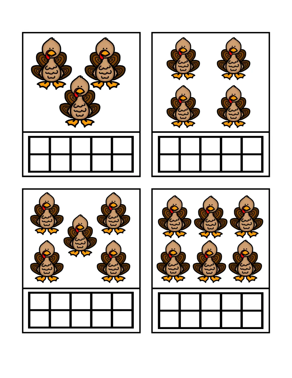 Turkey count-and-build cards showing groups of 3, 4, 5, and 6 birds, each paired with an empty ten frame.