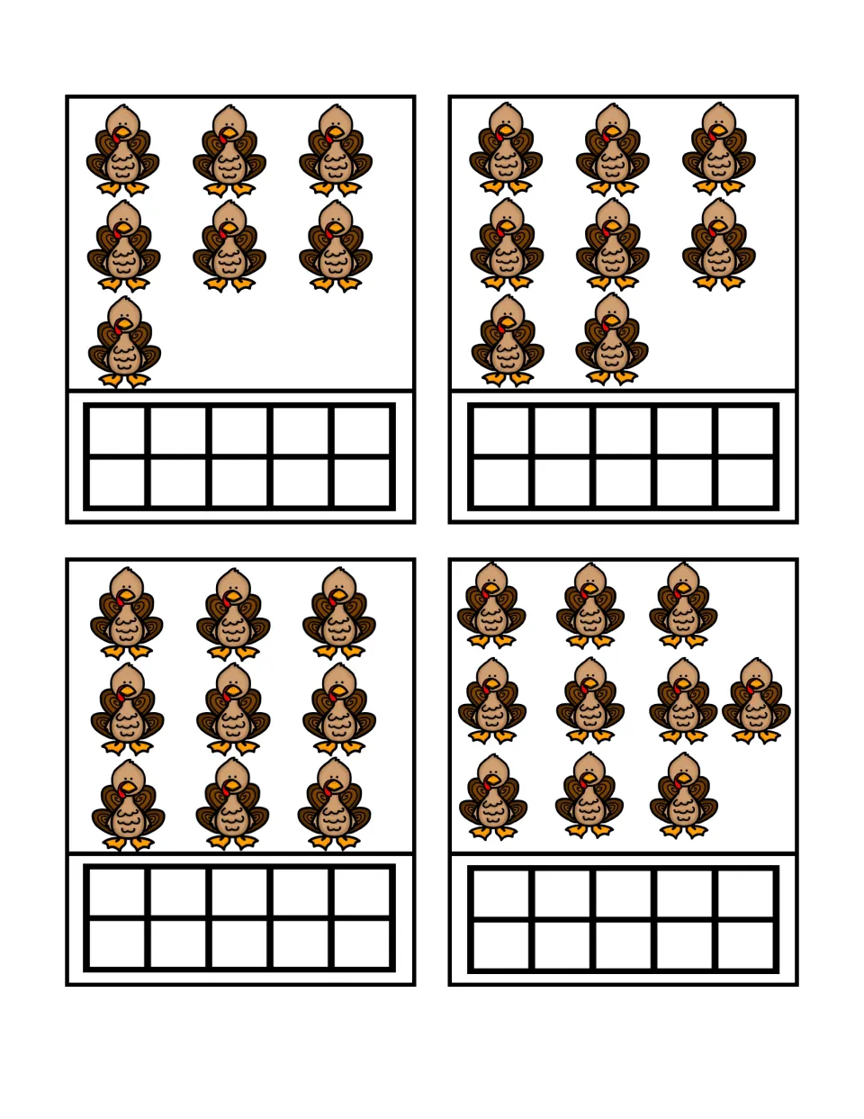 Turkey count-and-build cards showing groups of 7, 8, 9, and 10 birds, each paired with an empty ten frame.