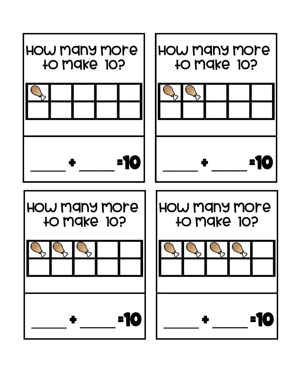 Make-10 task cards show 1, 2, 3, and 4 drumsticks and ask 'How many more to make 10?' with addition blanks.