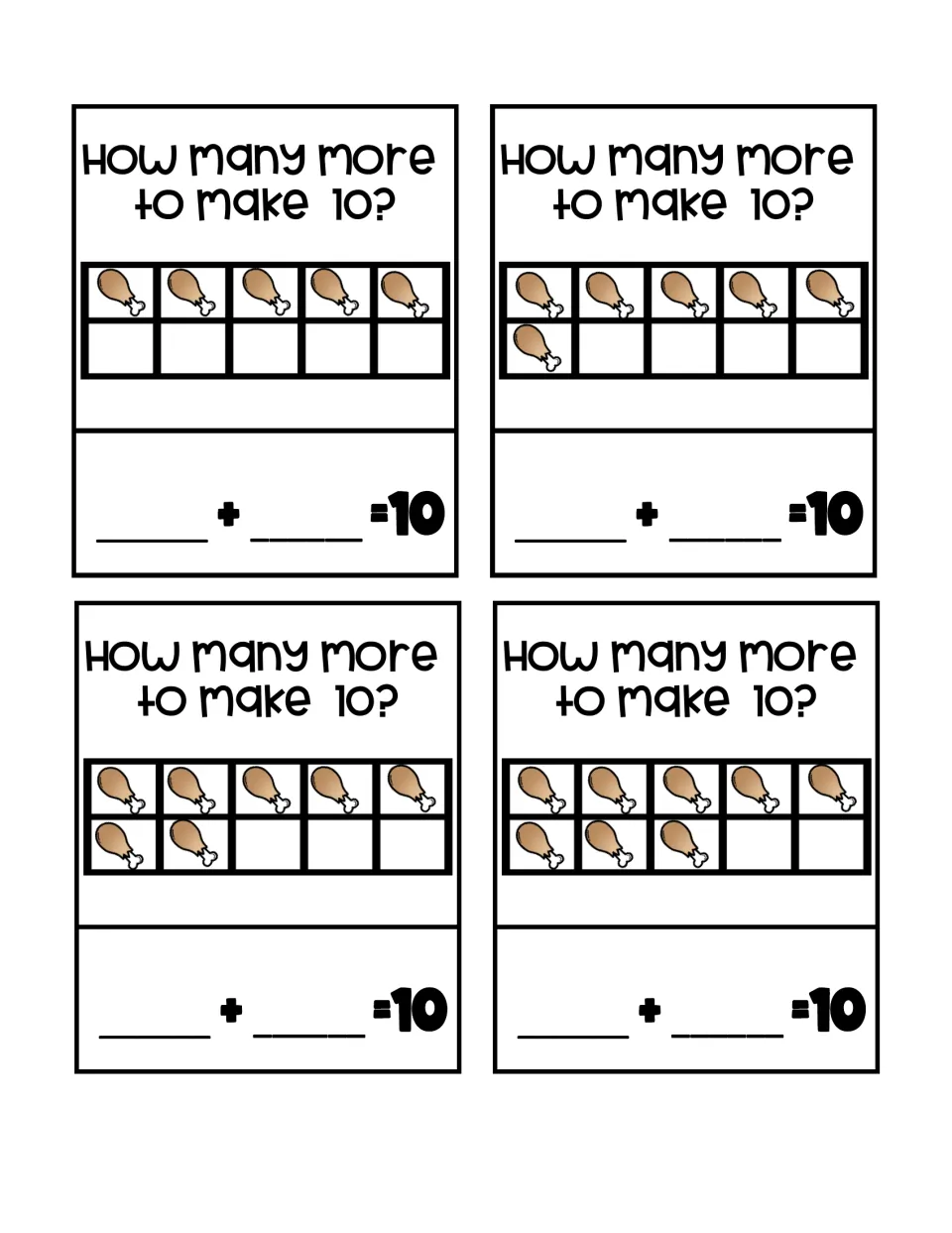 Make-10 task cards show 5, 6, 7, and 8 drumsticks and ask 'How many more to make 10?' with addition blanks.