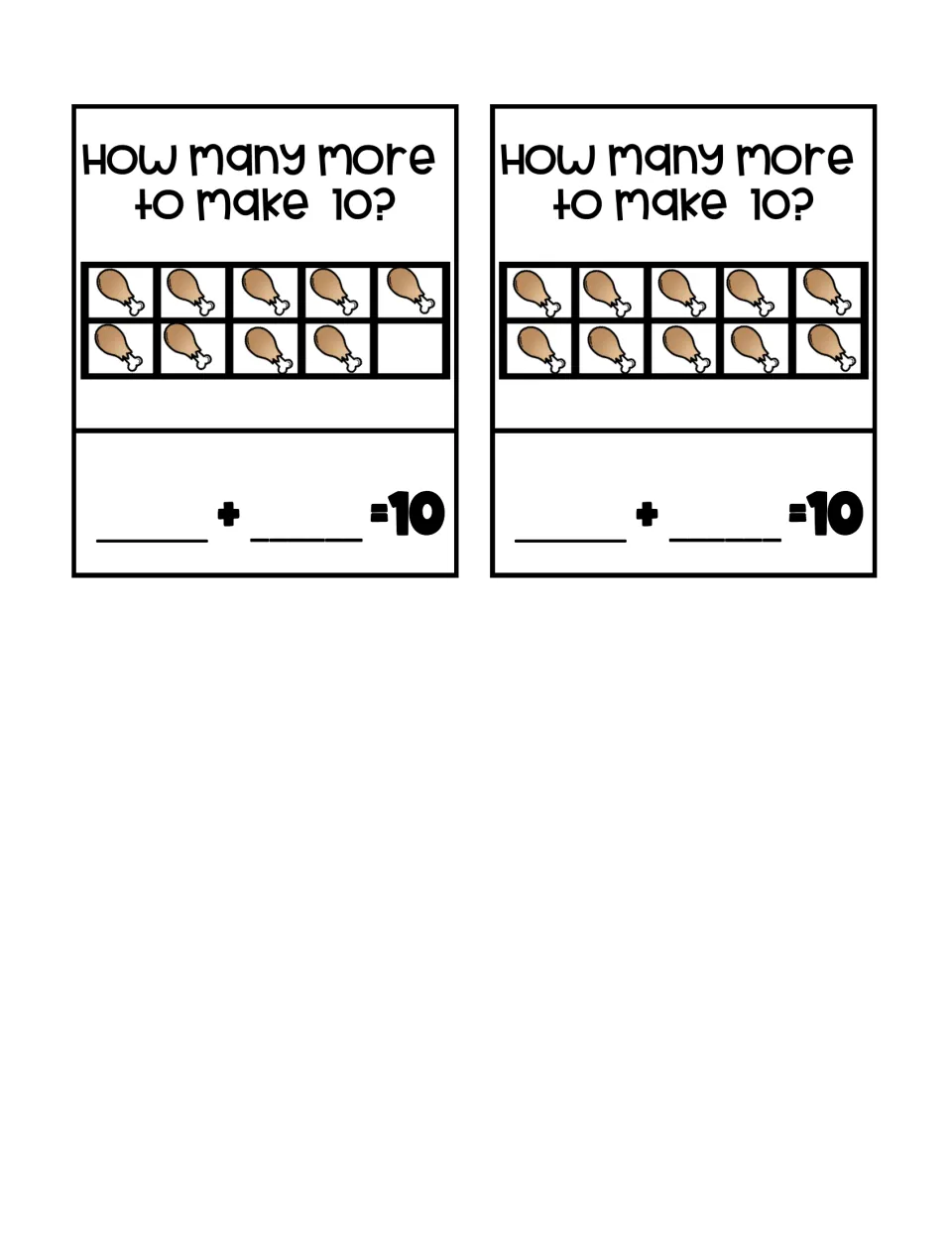 Two make-10 task cards show 9 and 10 drumsticks and ask 'How many more to make 10?' with addition blanks.