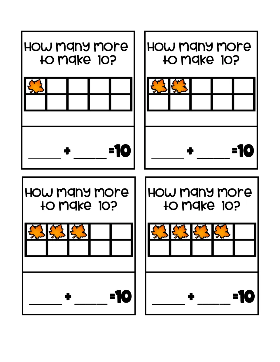 Make-10 task cards show 1, 2, 3, and 4 fall leaves and ask 'How many more to make 10?' with addition blanks.