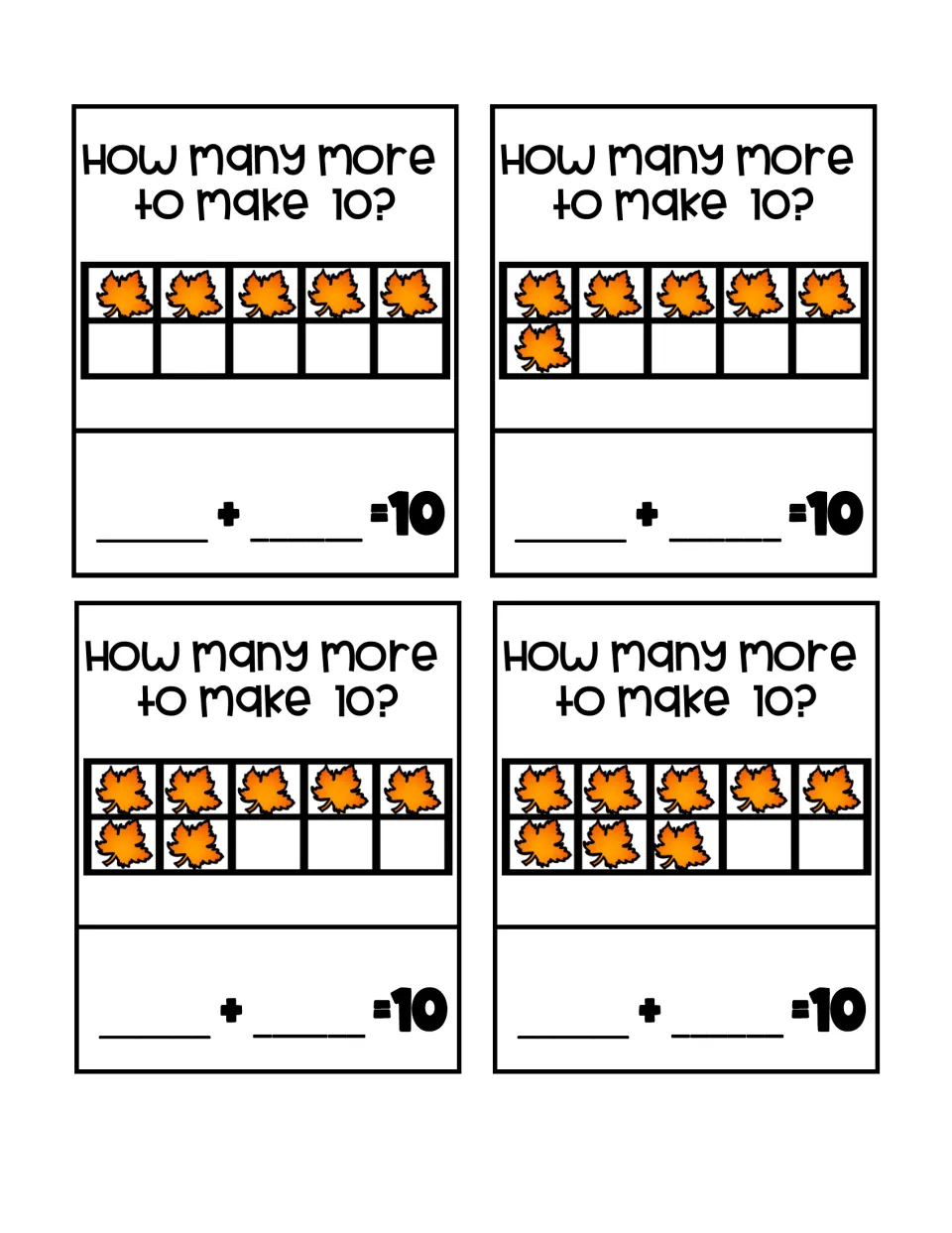 Make-10 task cards show 5, 6, 7, and 8 fall leaves and ask 'How many more to make 10?' with addition blanks.