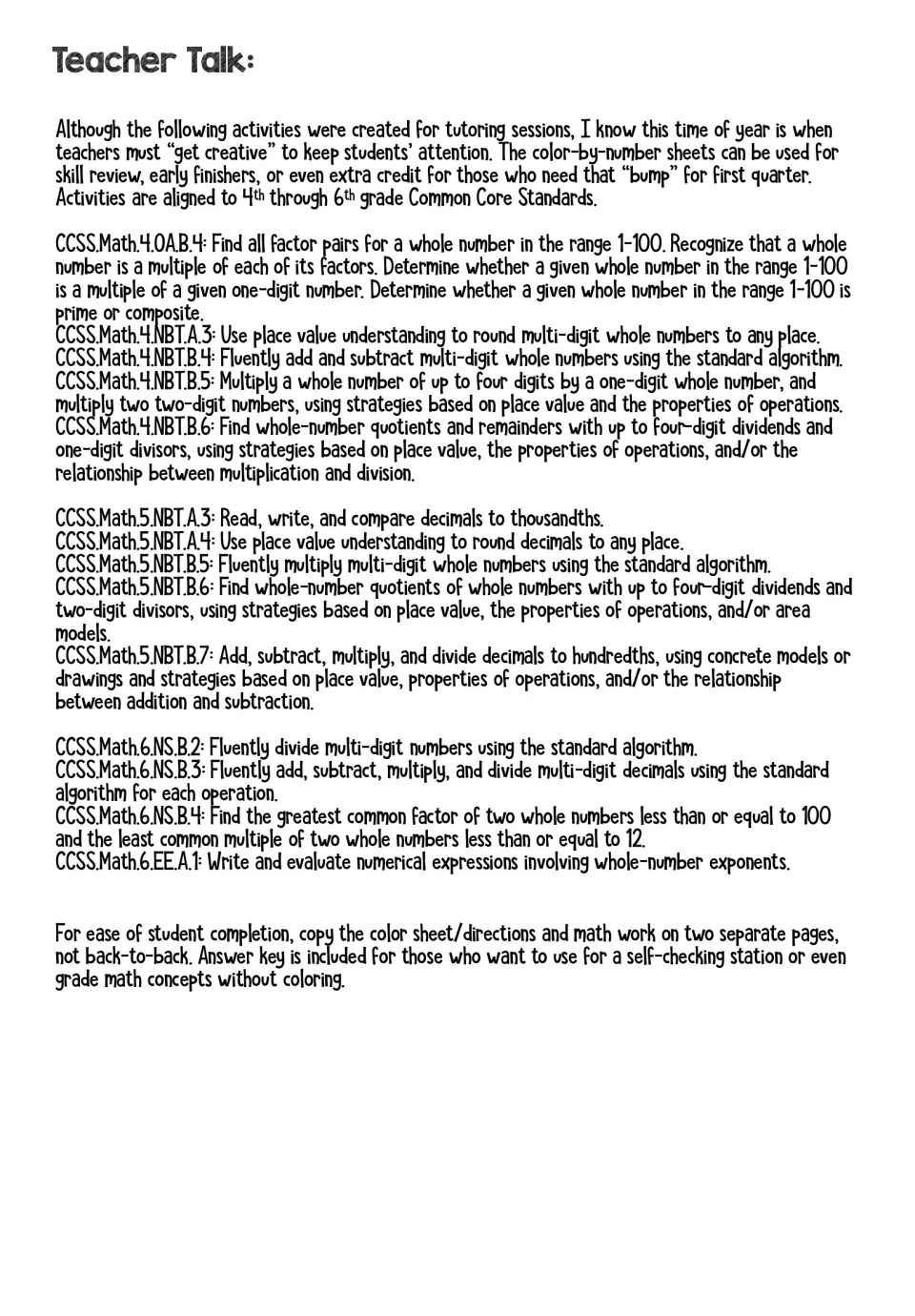 Teacher Talk notes: suggested uses for the coloring sheets, a list of aligned Common Core math standards and copying tips