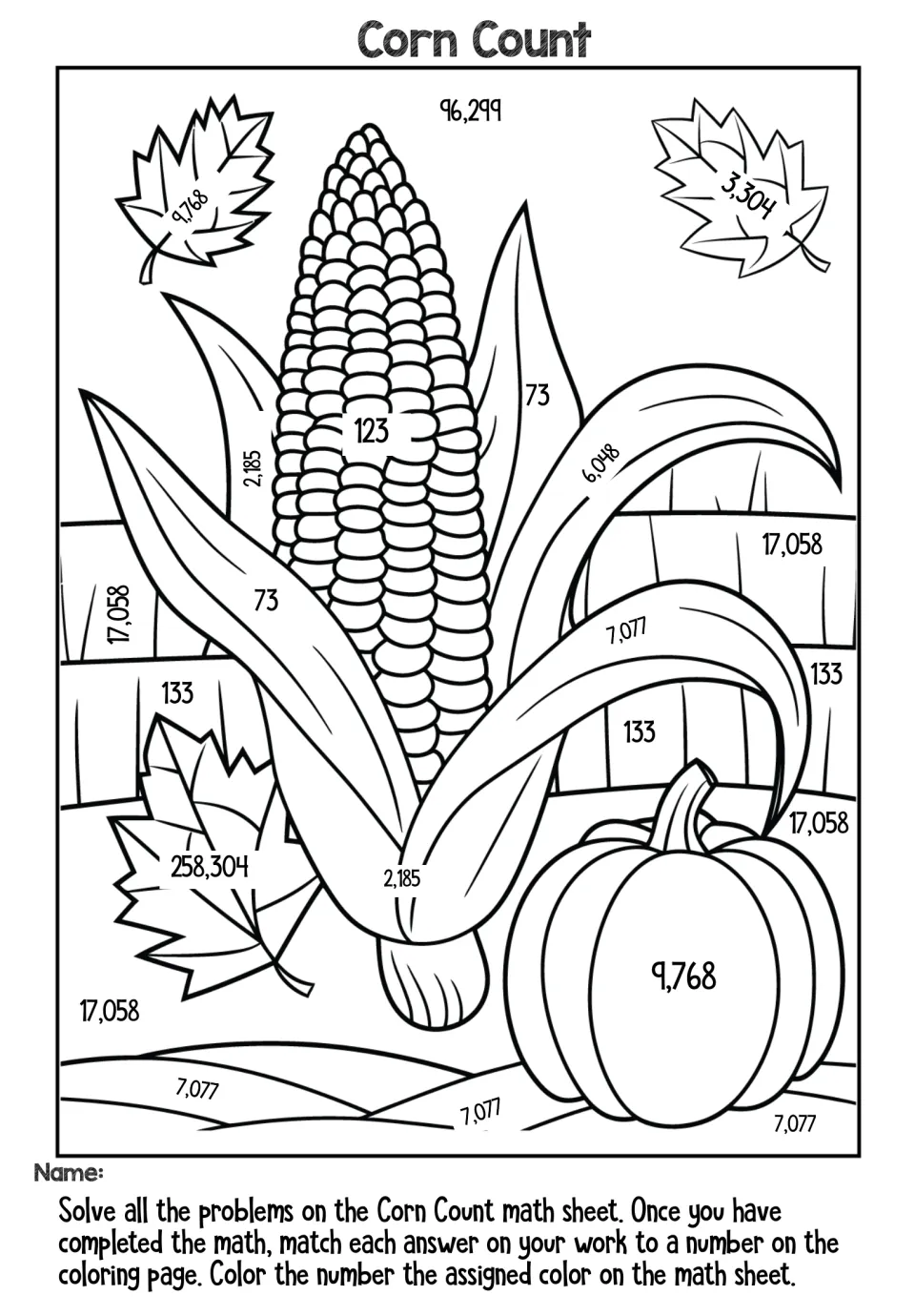 Corn Count coloring page: students match multi-digit answers like 9,768 and 17,058 to color corn, leaves and a pumpkin