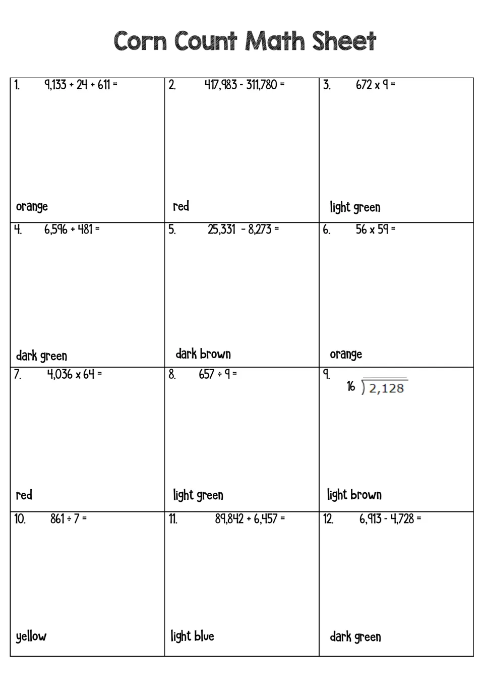 Corn Count Math Sheet: 12 problems adding, subtracting, multiplying and dividing whole numbers, each with a color