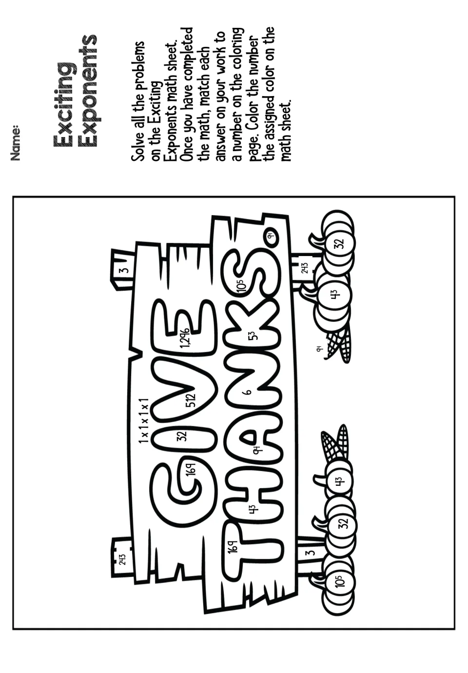 Exciting Exponents coloring page: a Give Thanks sign with pumpkins, marked with answers like 32, 169 and 1,296 to color