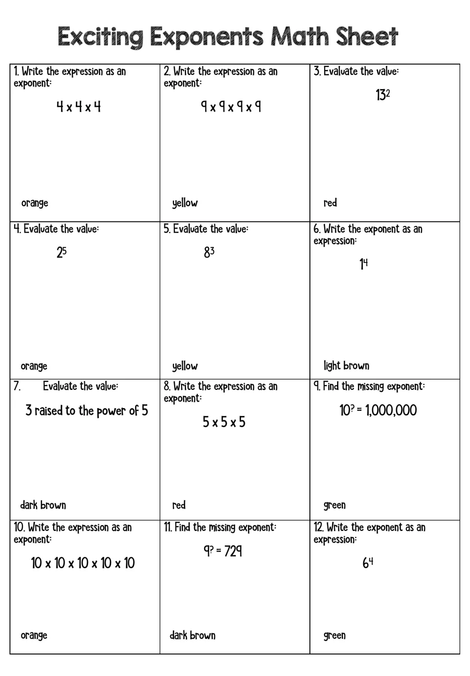 Exciting Exponents Math Sheet: 12 items writing products as exponents, evaluating powers and finding missing exponents