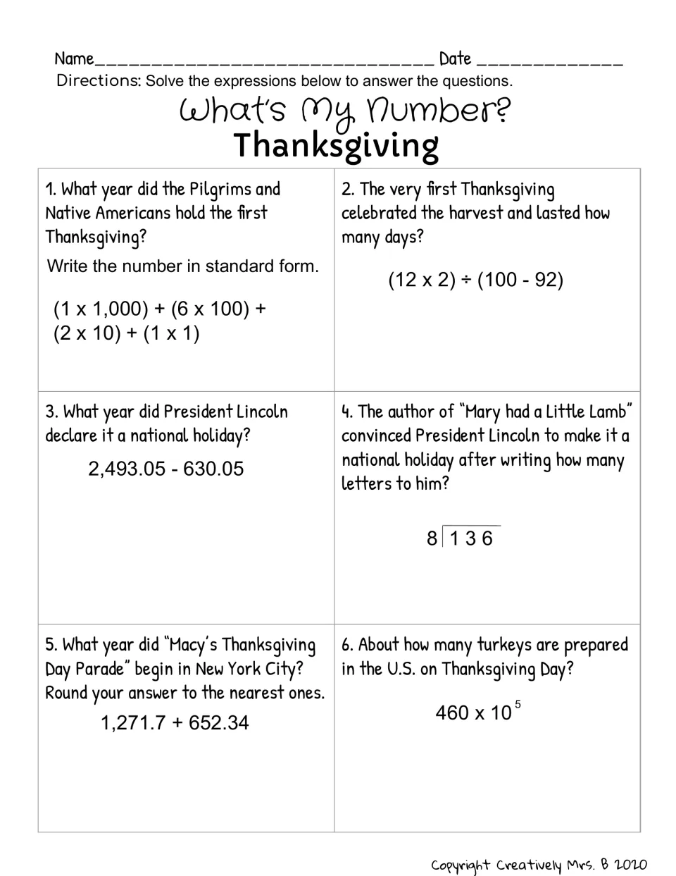 What's My Number? Thanksgiving trivia: students solve 6 expressions, including decimals, division and exponents