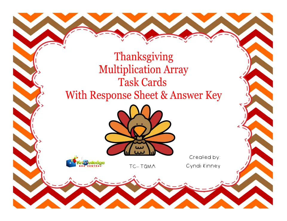 Cover: Thanksgiving multiplication array task cards with response sheet and answer key, shown with a cartoon turkey
