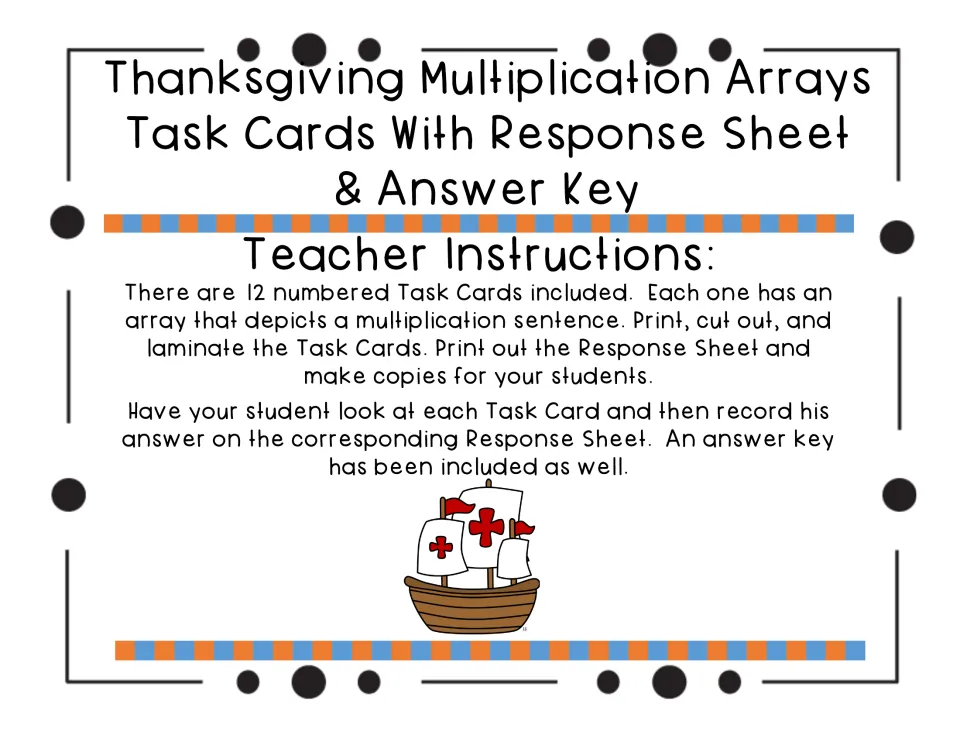 Teacher instructions: print, cut out and laminate 12 array task cards; students record each answer on the response sheet