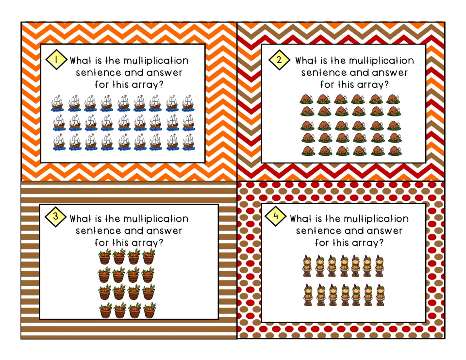 Task cards 1-4: students write the multiplication sentence for arrays of ships, roast turkeys, pumpkin baskets and pilgrims