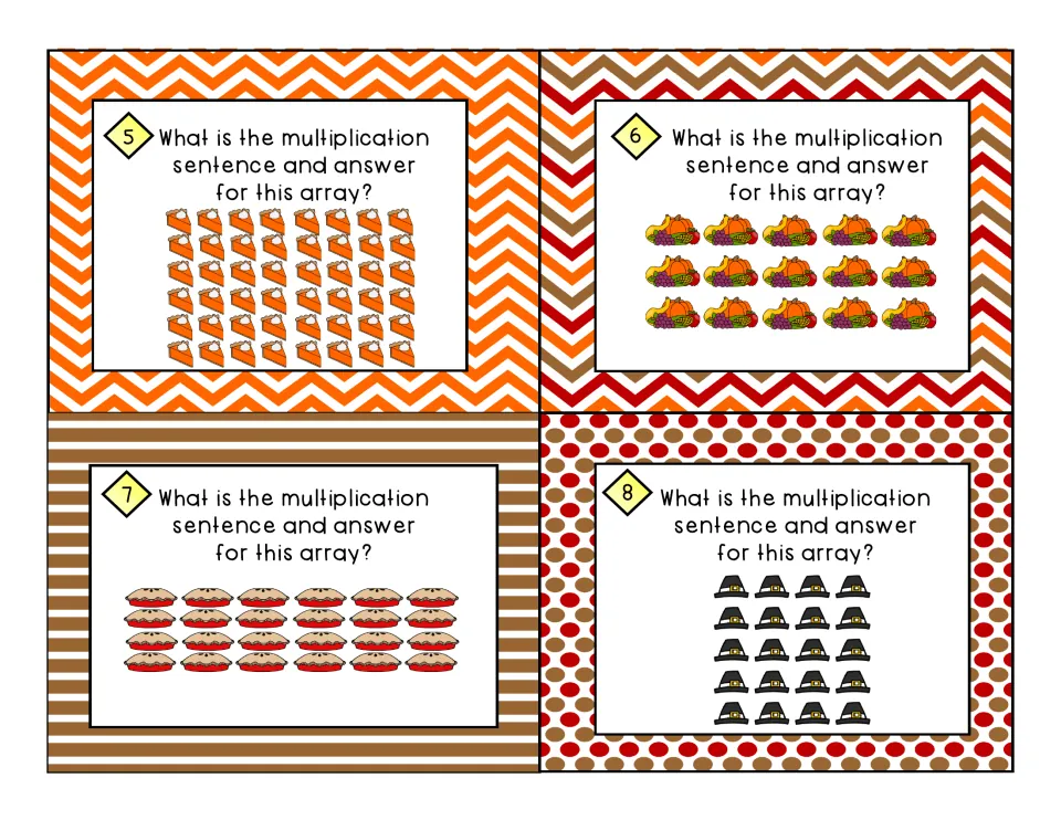 Task cards 5-8: arrays of pumpkin pie slices, cornucopias, pies and pilgrim hats to turn into multiplication sentences