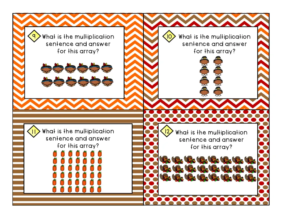 Task cards 9-12: students count rows of children, pilgrims, orange vegetables and turkeys to write a multiplication fact