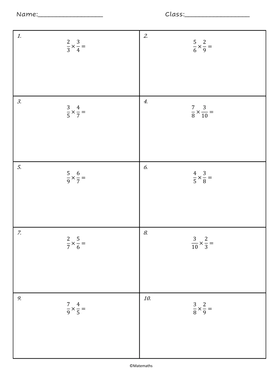 Multiplying fractions: students solve 10 problems, from 2/3 × 3/4 to 3/8 × 2/9, with space to show work under each one