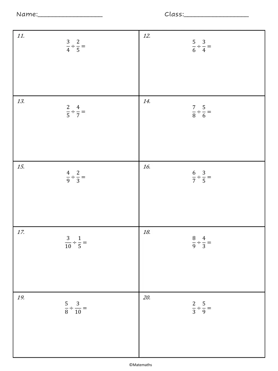 Dividing fractions: students solve 10 problems, numbered 11 to 20, from 3/4 ÷ 2/5 to 2/3 ÷ 5/9, showing their work