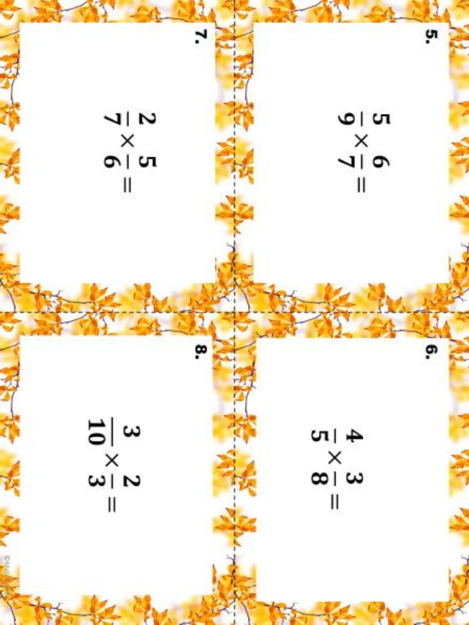 Fraction multiplication task cards 5 to 8: students find 5/9 × 6/7, 4/5 × 3/8, 2/7 × 5/6 and 3/10 × 2/3
