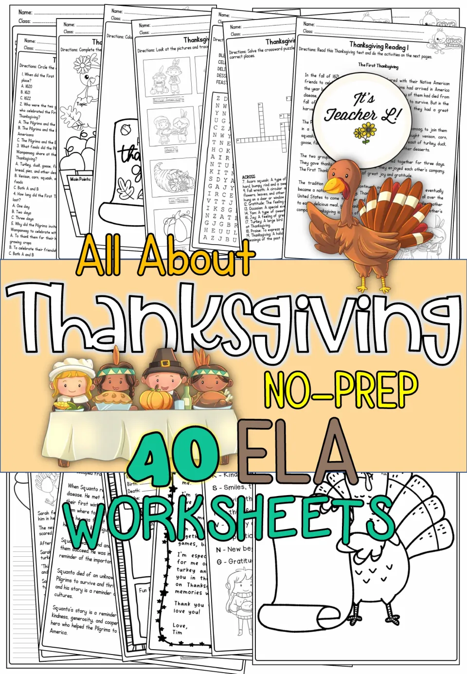 All About Thanksgiving cover: 40 no-prep ELA worksheets, showing a reading passage, word search, crossword and coloring