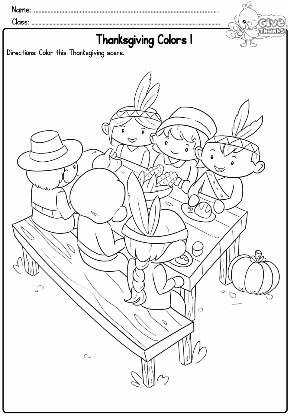 Thanksgiving Colors 1: students color a scene of Pilgrim and Native American children sharing corn at a picnic table