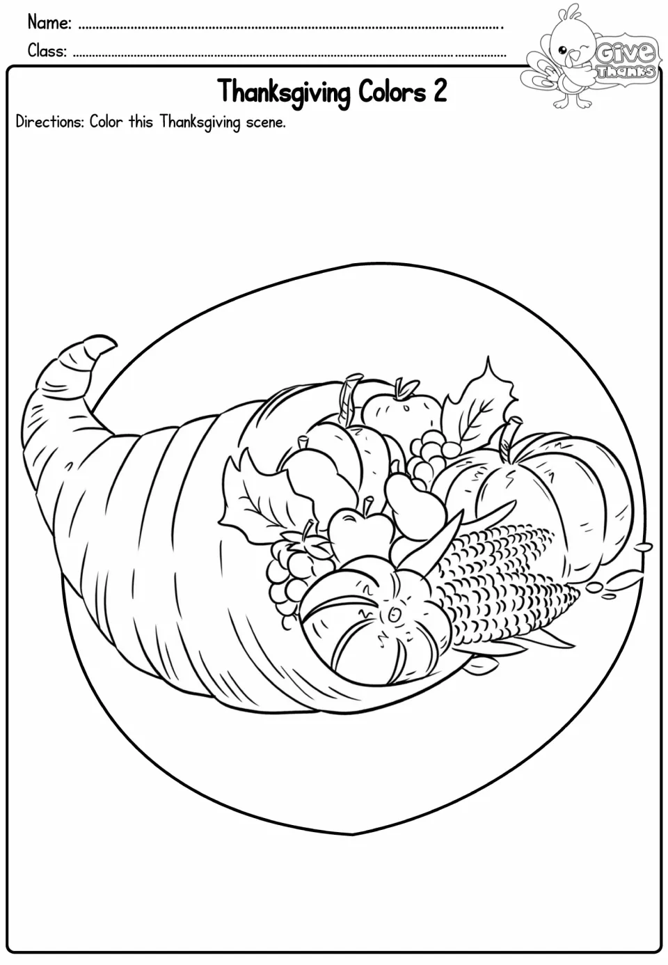 Thanksgiving Colors 2: students color a cornucopia overflowing with a pumpkin, corn, apples, grapes and pears