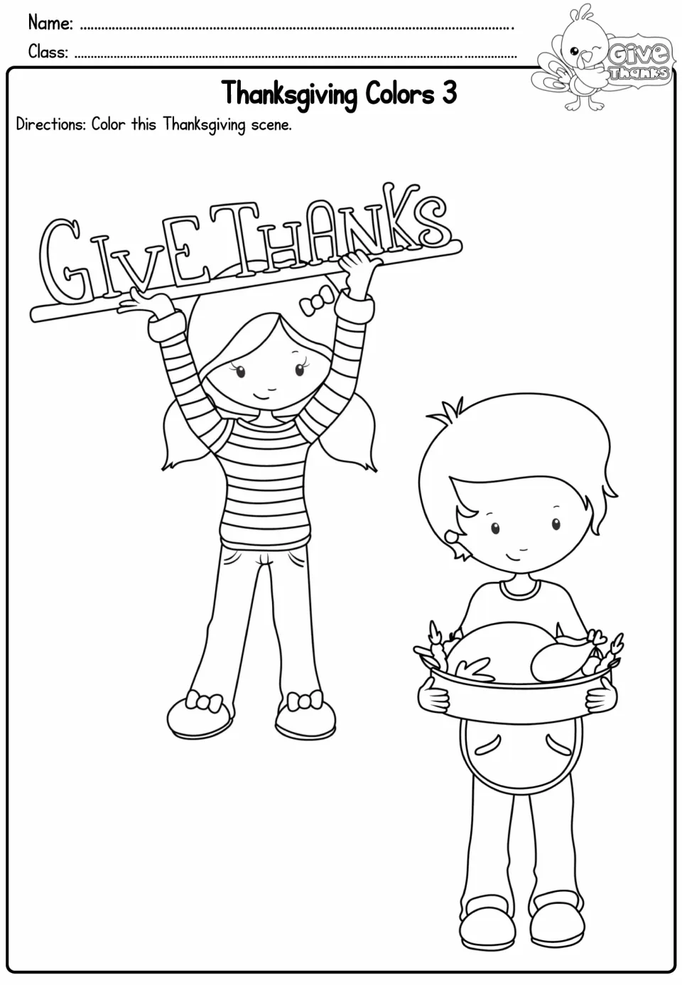 Thanksgiving Colors 3: students color a girl holding up a Give Thanks sign and a boy carrying a roasted turkey