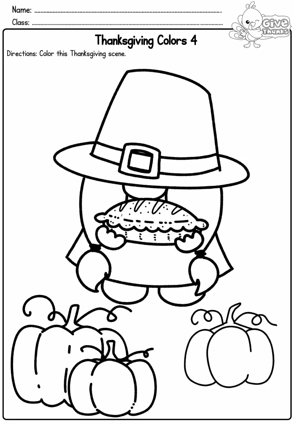 Thanksgiving Colors 4: students color a gnome in a Pilgrim hat holding a pie, with three pumpkins below